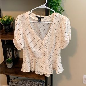 Short sleeve cream&red polka dot button up blouse